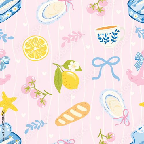Coastal Kitchen Pattern with Lemon, Tea Cup, and Bread – Cute Nautical Seamless Background