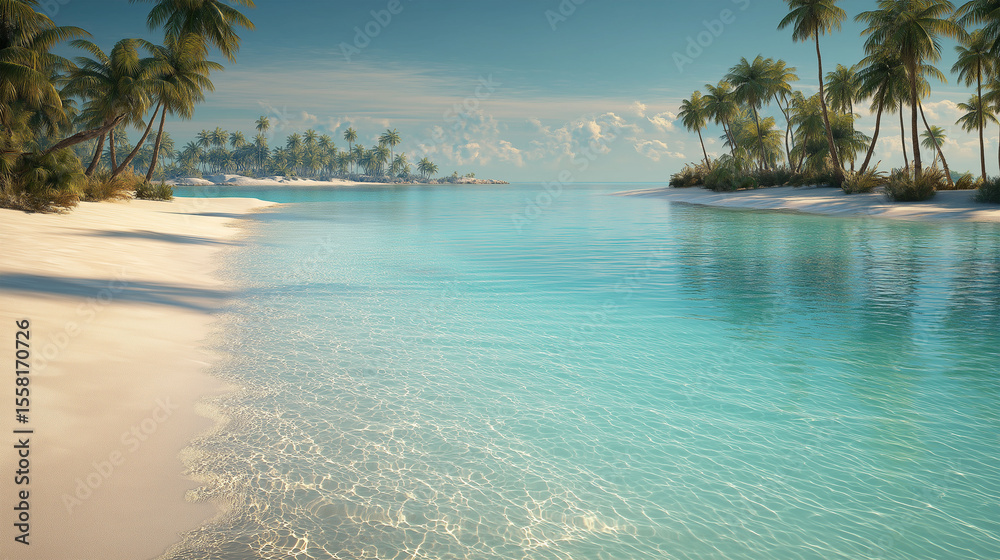 Fototapeta premium Paradise Beach: A captivating view of an idyllic sandy beach with turquoise waters gently lapping the shore, swaying palm trees, and a clear blue sky, evoking feelings of serenity and tropical bliss.