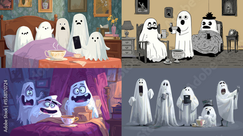 Cute and funny ghost characters in various hilarious situations, perfect for Halloween, spooky humor, or playful horror-themed illustration collections.

