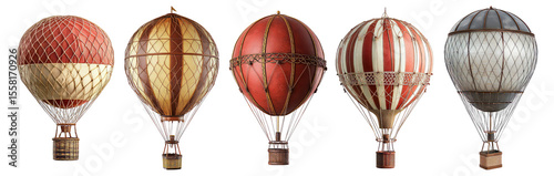 Vintage Hot Air Balloons Collection with Various Designs and Colors, Isolated on Transparent, white background