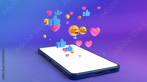 Phone reaction icons burst 3D animation can be used in social media ads, app livestream backgrounds or influencer intros