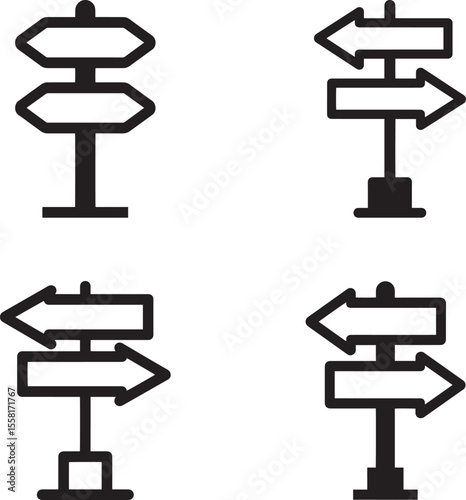 Set of four black and white directional signpost icons with different arrow combinations