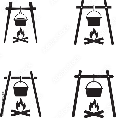 Set of four simple black icons depicting campfire cooking with a pot over flames