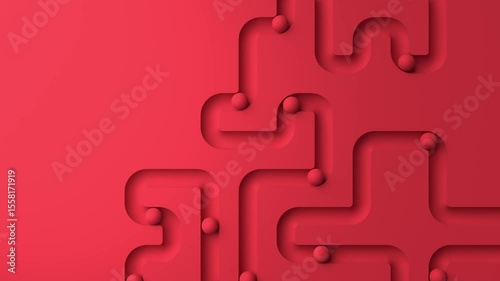 Monochrome red maze relief tunnel spheres 3D animation can be used in UX flow demos, logistics explainers or luxury-tech design backdrops. 
