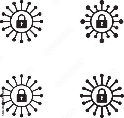 Set of four line art icons representing spam email with a prohibition symbol