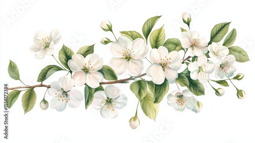 Symbolic cherry blossom branch with coquette floral design, pastel tones and gentle form, isolated on white, full detail