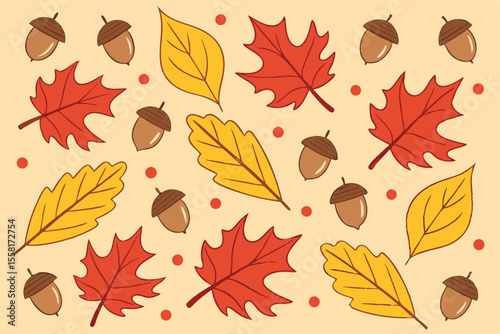 Diverse Foliage Seamless Pattern Scattered Autumn Leaves and Acorns