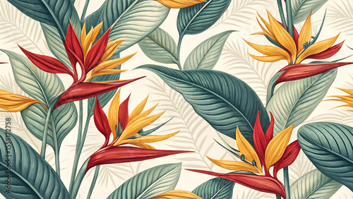 Vector illustration of seamless pattern of bright red and yellow bird of paradise flowers blooming for printing on fabric or wallpaper.