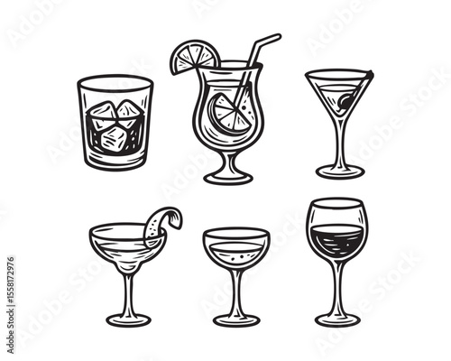 Cocktail Glass Vector Icon Set with Various Tropical Drinks