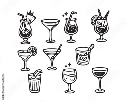 Cocktail Glass Vector Icon Set with Various Tropical Drinks