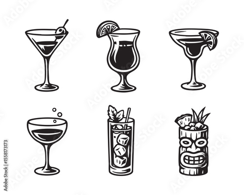 Cocktail Glass Vector Icon Set with Various Tropical Drinks