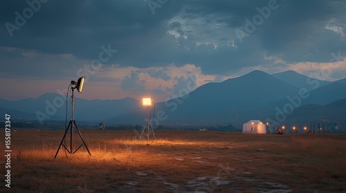 Mountain movie set cinematic lights glowing at twilight with nature backdrop.