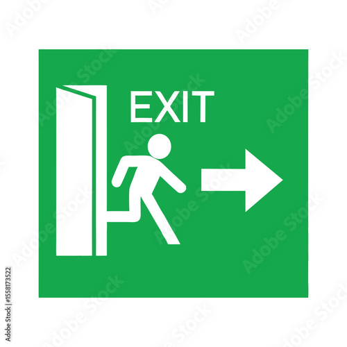 Green emergency exit sign with arrow showing the way to escape during fire or danger emergency exit silhouette vector icon illustration on white background