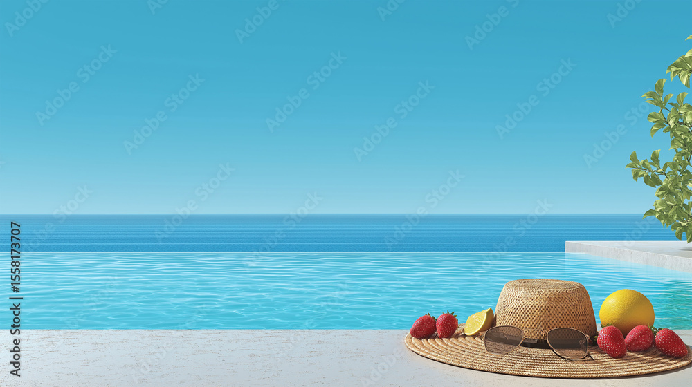 Obraz premium Summer Serenity: A picturesque scene unfolds by the pool, featuring a straw hat, sunglasses, and a collection of fresh fruit, capturing the essence of relaxation.