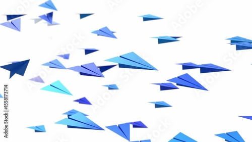 Blue origami airplanes flight 3D animation loop. Can be used to represent leadership inspiration, messages delivery or startup keynotes