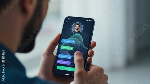 Wallpaper Mural Person viewing a smartphone displaying a video call interface with a profile picture and text messages, possibly a messaging app Torontodigital.ca