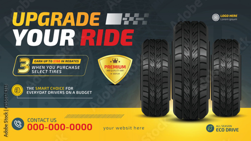 Tyre Store Banner Design. Black rubber tire landscape advertisement.