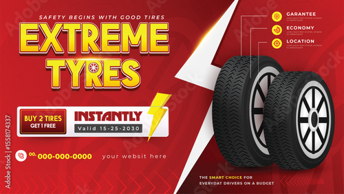 Tires car advertisement poster with discount offer. Black rubber tire landscape advertisement.