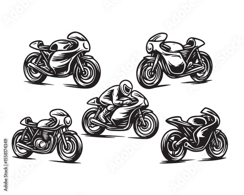 Vintage Vector Motorcycle and Rider Icon Set in Monochrome Style