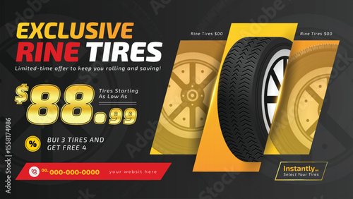 Tires car advertisement poster with discount offer. Black rubber tire landscape advertisement.