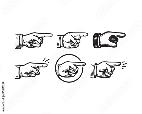 Pointing Finger Vector Icon Set in Vintage Hand Drawn Style