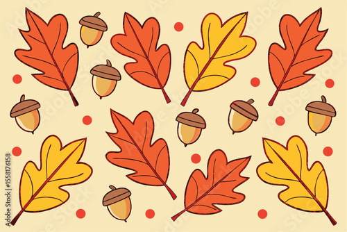 Autumn Diverse Foliage Seamless Pattern Scattered Oak Leaves and Acorns