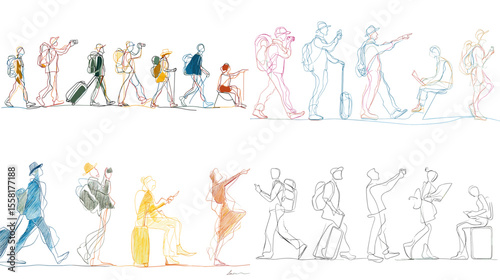 Minimalist sketch of walking people and travelers with backpacks, in various poses and gestures, perfect for travel, urban life, and motion-themed designs.

