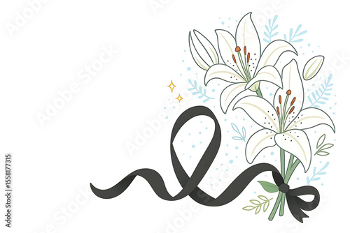White Lily Flowers with Black Mourning Ribbon Illustration
