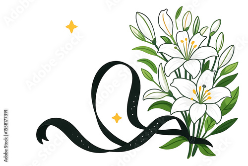 White Lily Flowers with Black Mourning Ribbon Illustration