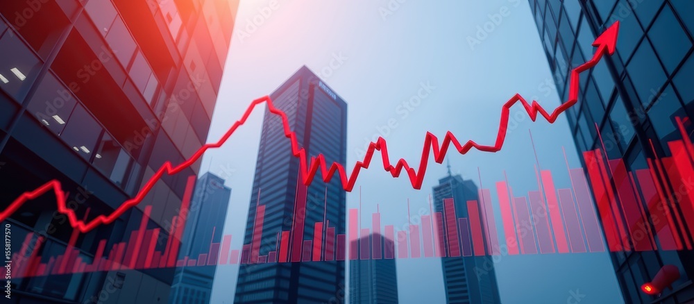 Fototapeta premium Dynamic city skyline with financial growth visualization overlay.