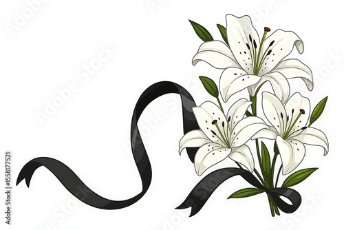White Lily Flowers with Black Mourning Ribbon Illustration