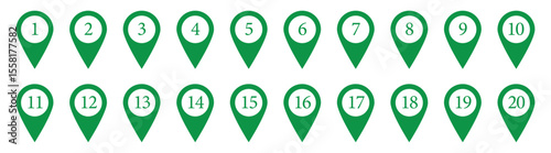 Location pin icon with number set. Bullet Points Numbers from One to nine and zero. Vector illustration in eps 10.