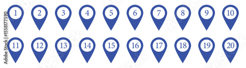 Location pin icon with number set. Bullet Points Numbers from One to nine and zero. Vector illustration in eps 10.