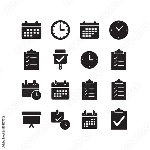 Collection of black icons representing time management and planning tasks