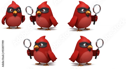Animated red birds holding magnifying glasses