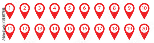 Location pin with numbers icon set. Red map markers with numbers in eps 10.