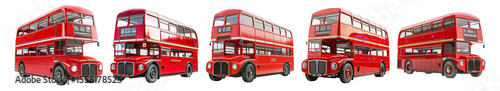 Vintage Red Buses in a Row Displayed from Different Angles, Isolated on Transparent, white background