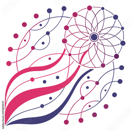 Abstract design featuring a circular web with dots and flowing lines in pink and purple hues art