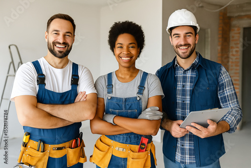 Smiling Diverse Construction Team in Workwear and Hard Hat, Collaborative Building Project, Professional Contractors