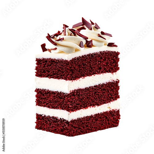 Delicious Red Velvet Cake Slice with Cream Cheese Frosting and Chocolate Shavings