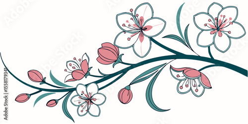Old-style Japanese watercolor pattern with pretty flowers that repeats smoothly for classic Asian abstract floral backgrounds in white background vector illustration.