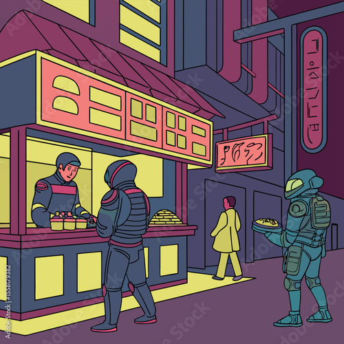 Futuristic street scene with food vendor and customers in a stylized color palette design style