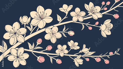 Old-style Japanese watercolor pattern with pretty flowers that repeats smoothly for classic Asian abstract floral backgrounds in dark navy blue  background vector illustration.