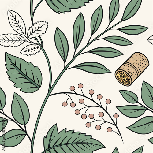 Seamless pattern of green leaves, berries, and a cork on a light beige background, floral design, art nouveau