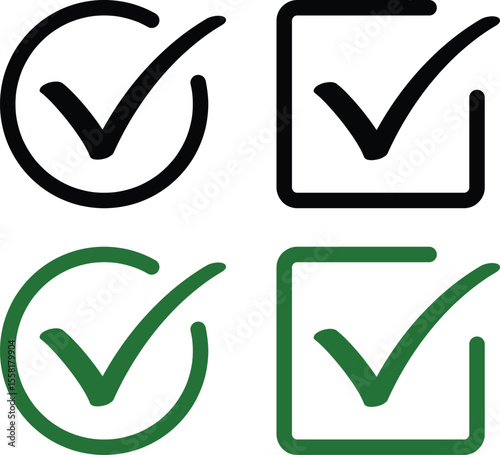 checkmark icons green tick box, check list circle frame - checkbox symbol sign. 