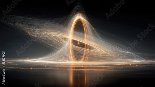 Abstract cosmic black hole singularity swirling with golden light streams and warped spacetime, reflecting across a dark horizon in a hypnotic astrophotography scene.