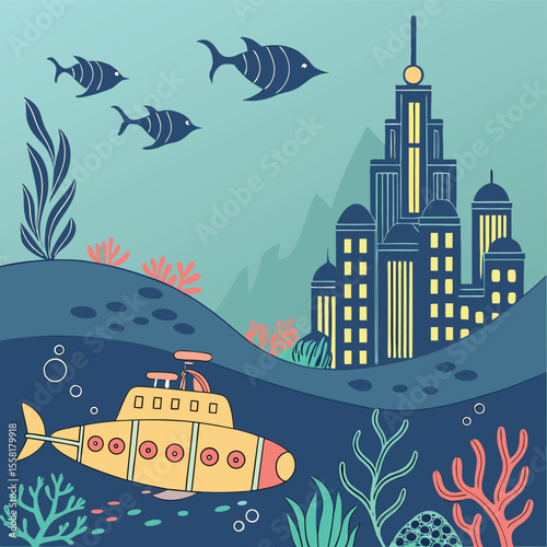 Yellow submarine exploring underwater city with fish and coral in a colorful cartoon illustration