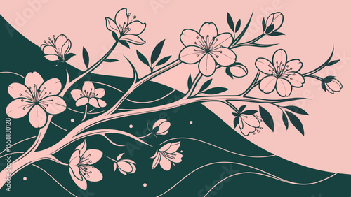 Old-style Japanese watercolor pattern with pretty flowers that repeats smoothly for classic Asian abstract floral backgrounds in dark green pink background vector illustration.