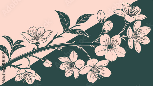 Old-style Japanese watercolor pattern with pretty flowers that repeats smoothly for classic Asian abstract floral backgrounds in dark green pink background vector illustration.