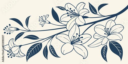 Old-style Japanese watercolor pattern with pretty flowers that repeats smoothly for classic Asian abstract floral backgrounds in dark navy blue white background vector illustration.